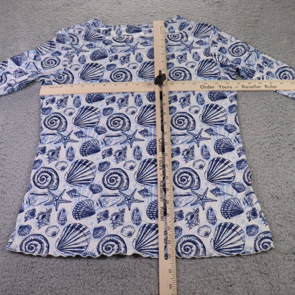 Gottex Top Womens Medium White Blue Ocean Shells LS Golf Tennis Outdoors - Picture 5 of 8